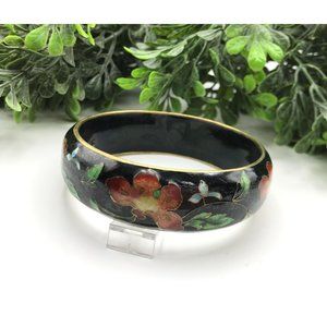 Vintage Floral Cloisonne Enamel bangle bracelet with black background